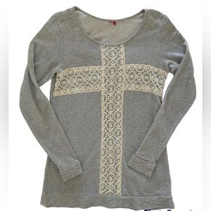 Lightweight Pullover Lace Cuffed Long Sleeves Gray Cream Women’s Size Small